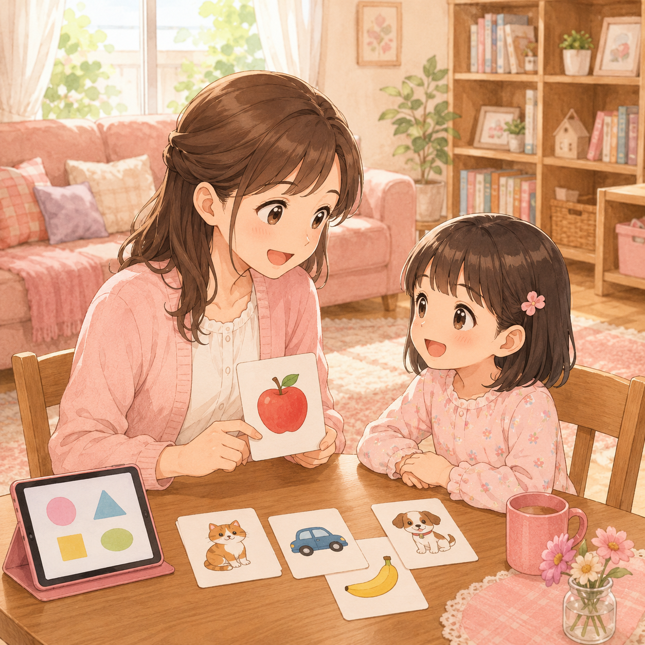 自宅のリビングで先生とマンツーマン英会話を学ぶ子ども
